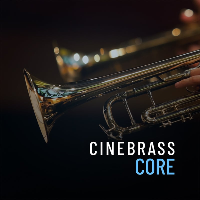 Image of the CineBrass Core cover, featuring a close-up of a trumpet with a blurred background, highlighting the instrument’s shiny brass surface. The text ‘CineBrass Core’ is prominently displayed in white and blue font.