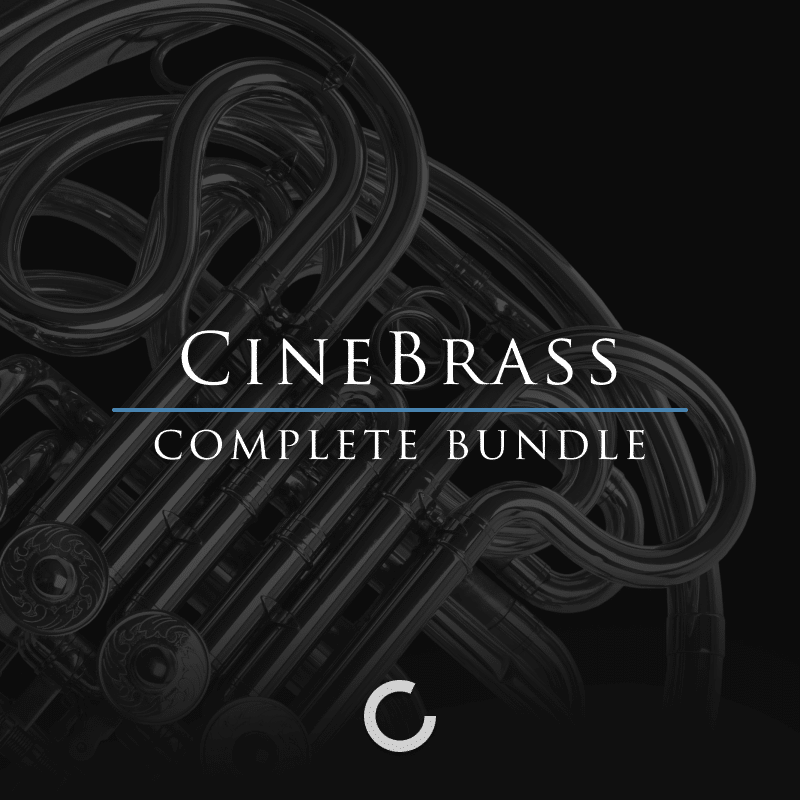 Image of the CineBrass Complete Bundle cover, featuring the intricate tubing of a brass instrument in the background with the text ‘CineBrass Complete Bundle’ prominently displayed in white and blue font.