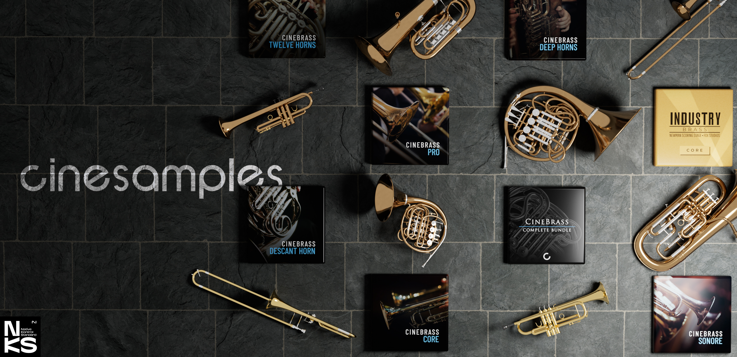 a dark tiled floor with various brass instruments and product boxes scattered around. The word “cinesamples” is prominently displayed in the center. The product boxes include labels such as “CINEBRASS TWELVE HORNS,” “CINEBRASS DEEP HORNS,” “CINEBRASS PRO,” “CINEBRASS DESCANT HORN,” “CINEBRASS COMPLETE BUNDLE,” “INDUSTRY BRASS,” “CINEBRASS CORE,” and “CINEBRASS SONORE.” The instruments visible are trumpets, French horns, and trombones.
